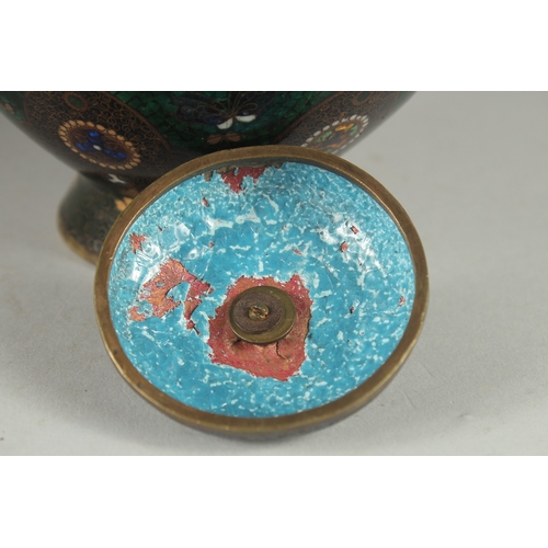 170 - A FINE JAPANESE CLOISONNE ENAMEL KORO, with glittered green enamel band with butterflies and decorat... 