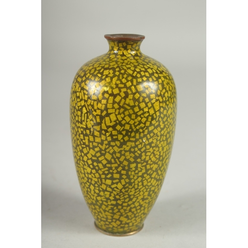 171 - A JAPANESE YELLOW GROUND GLITTERED ENAMEL CLOISONNE VASE, decorated with a flower, with character ma... 