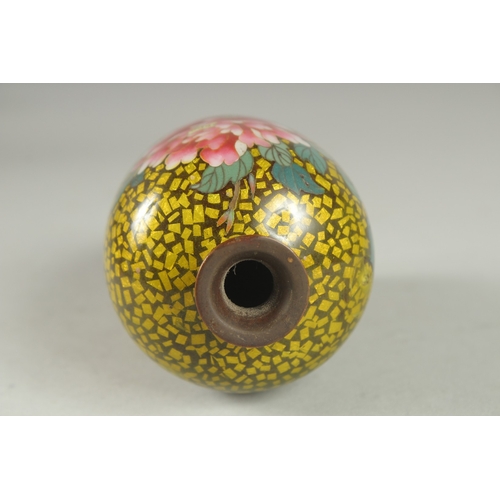 171 - A JAPANESE YELLOW GROUND GLITTERED ENAMEL CLOISONNE VASE, decorated with a flower, with character ma... 