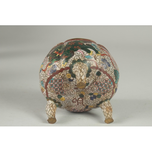 174 - A CHINESE CLOISONNE TRIPOD CENSER AND COVER, decorated with foo dogs and stylised clouds, 10cm high.