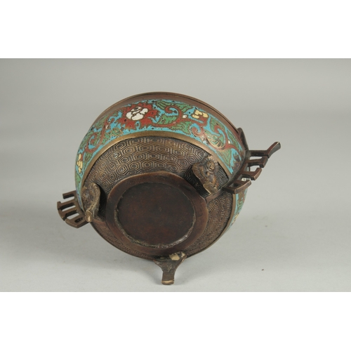 176 - A CHINESE CHAMPLEVE ENAMEL CLOISONNE CENSER AND COVER, raised on tripod legs, 15cm high.