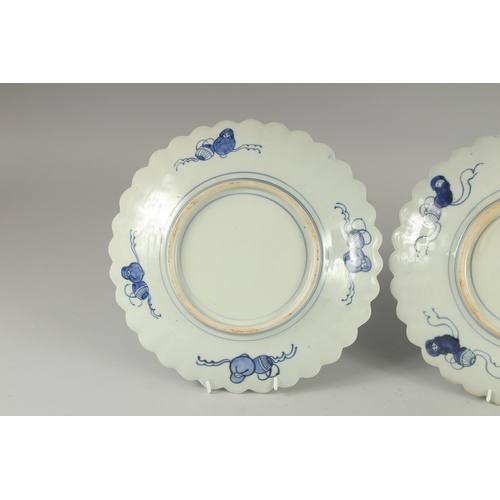 193 - A PAIR OF JAPANESE BLUE AND WHITE PORCELAIN PETAL-FORM PLATES, 31cm wide.