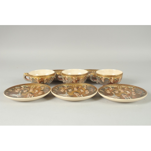 195 - THREE JAPANESE SATSUMA CUPS AND SAUCERS, together with two spare saucer dishes, (8 pieces).