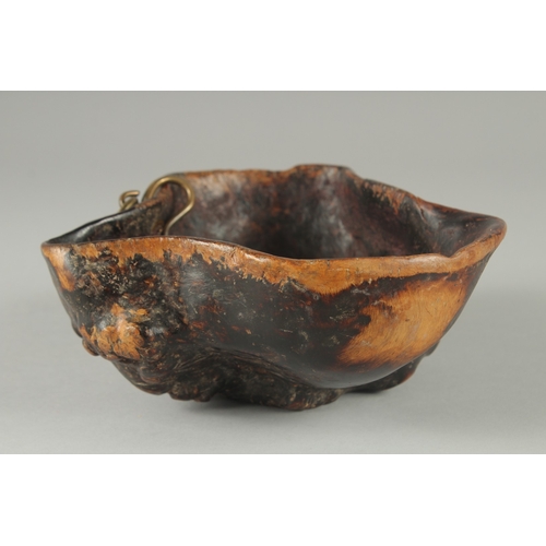 204 - A RARE 17TH CENTURY TIBETAN BURR WOOD BEGGARS BOWL, 19.5cm x 18cm.