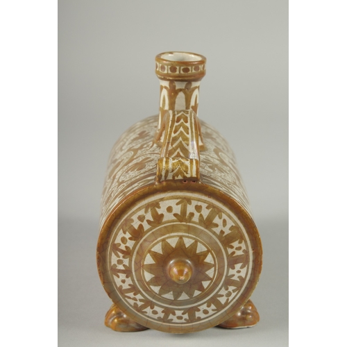 205 - A FINE 18-19TH CENTURY HISPANO MORESQUE LUSTED BARREL SHAPED VESSEL, 20cm long.