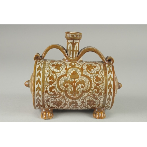 205 - A FINE 18-19TH CENTURY HISPANO MORESQUE LUSTED BARREL SHAPED VESSEL, 20cm long.