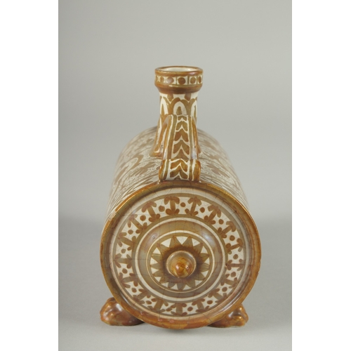 205 - A FINE 18-19TH CENTURY HISPANO MORESQUE LUSTED BARREL SHAPED VESSEL, 20cm long.