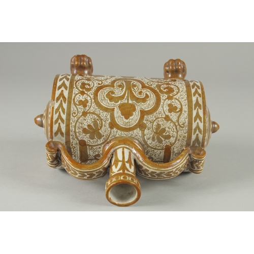 205 - A FINE 18-19TH CENTURY HISPANO MORESQUE LUSTED BARREL SHAPED VESSEL, 20cm long.