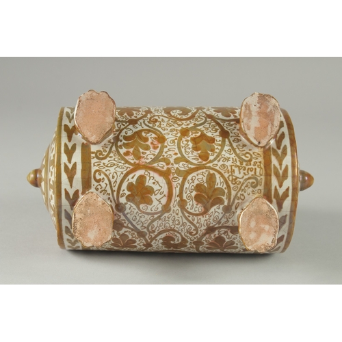 205 - A FINE 18-19TH CENTURY HISPANO MORESQUE LUSTED BARREL SHAPED VESSEL, 20cm long.