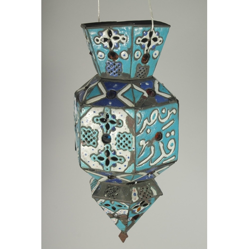 206 - AN UNUSUAL 19TH CENTURY OTTOMAN SYRIAN DAMASCUS ENAMELLED COPPER LANTERN, with calligraphic decorati... 