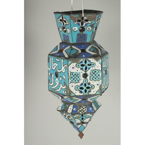 206 - AN UNUSUAL 19TH CENTURY OTTOMAN SYRIAN DAMASCUS ENAMELLED COPPER LANTERN, with calligraphic decorati... 