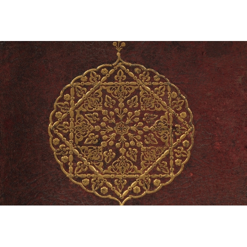 210 - A FINE 19TH CENTURY POSSIBLY MOROCCAN OR OTTOMAN TOOLED LEATHER DOCUMENT HOLDER, 32.5cm x 25cm.