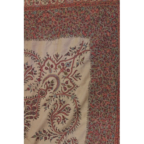 215 - A FINELY EMBROIDERED SIGNED INDIAN KASHMIR OR PUNJAB TEXTILE, 155cm x 153cm.