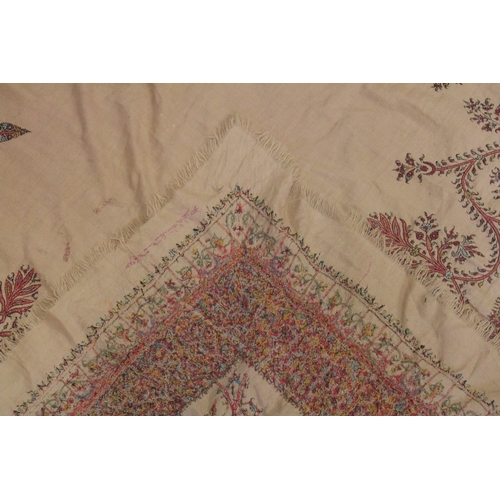 215 - A FINELY EMBROIDERED SIGNED INDIAN KASHMIR OR PUNJAB TEXTILE, 155cm x 153cm.