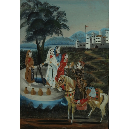 224 - A LARGE 19TH CENTURY INDIAN REVERSE GLASS PAINTING OF A PRINCE ON HORSE, inset within a wooden frame... 