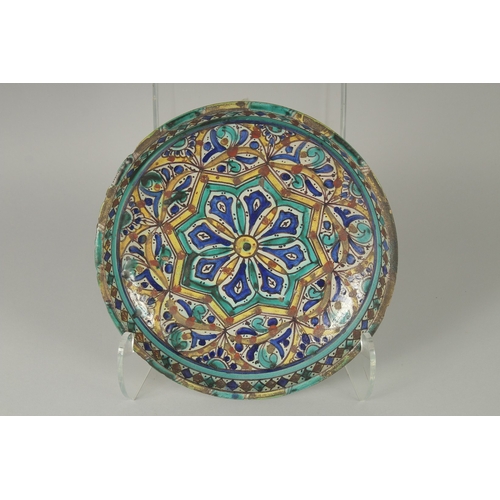 227 - A COLLECTION OF THREE 19TH CENTURY MOROCCAN GLAZED POTTERY CHARGERS, with graduating sizes, 43cm, 34... 