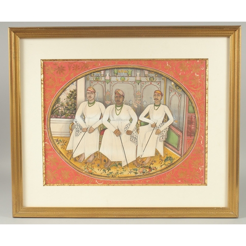 234 - A FINE LARGE 19TH CENTURY INDIAN PAINTING OF THREE NOBLEMEN, painted with a floral border heightened... 