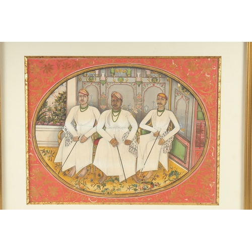 234 - A FINE LARGE 19TH CENTURY INDIAN PAINTING OF THREE NOBLEMEN, painted with a floral border heightened... 