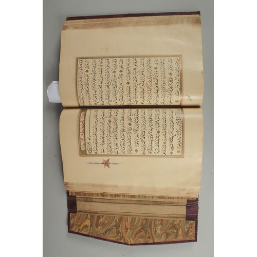 240 - AN 18TH CENTURY OTTOMAN LEATHER BOUND ILLUMINATED QURAN, the manuscript written in naskh in black in... 