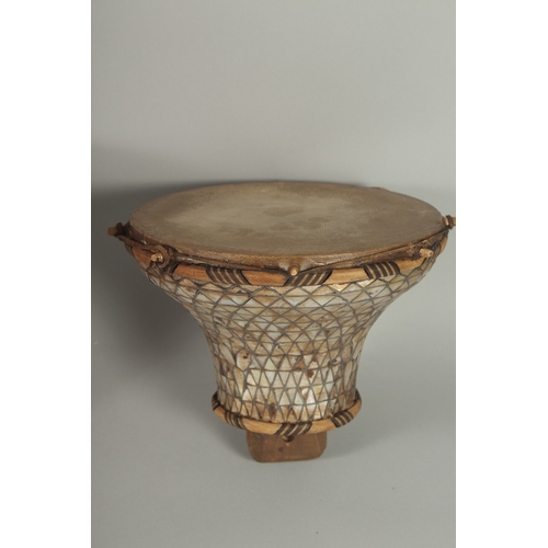 246 - A PAIR OF 18TH-19TH CENTURY OTTOMAN MOTHER OF PEARL INLAID DRUMS, drum surface 21cm diameter.