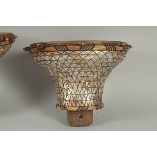 246 - A PAIR OF 18TH-19TH CENTURY OTTOMAN MOTHER OF PEARL INLAID DRUMS, drum surface 21cm diameter.