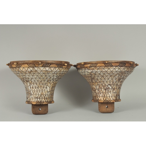 246 - A PAIR OF 18TH-19TH CENTURY OTTOMAN MOTHER OF PEARL INLAID DRUMS, drum surface 21cm diameter.