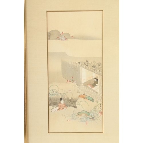 25 - AN ORIGINAL JAPANESE WATERCOLOUR PAINTING ON PAPER, depicting a scene with two seated figures - thei... 