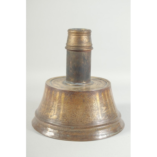 252 - A RARE LARGE 14TH-15TH CENTURY MAMLUK ENGRAVED BRASS CANDLESTICK BASE with later wooden top, engrave... 