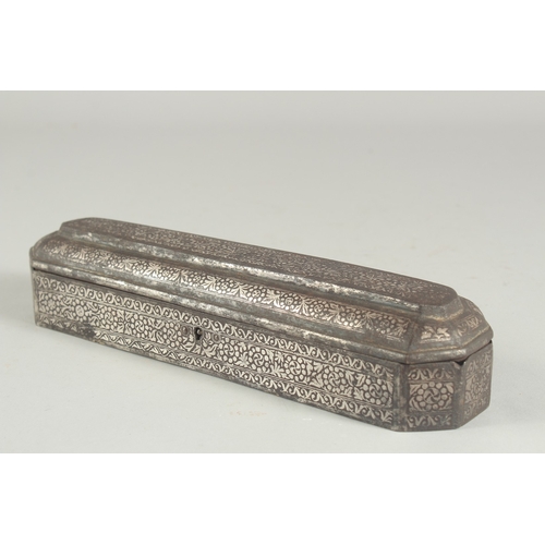 254 - AN EARLY 19TH CENTURY INDIAN SILVER INLAID STEEL PEN BOX, 27cm long.