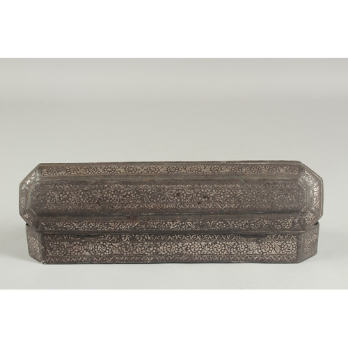 254 - AN EARLY 19TH CENTURY INDIAN SILVER INLAID STEEL PEN BOX, 27cm long.