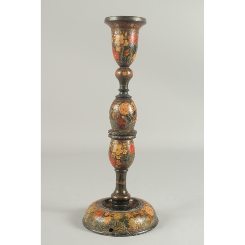 258 - A 19TH CENTURY INDIAN KASHMIRI LACQUERED PAPIER MACHE CANDLESTICK, 39.5cm high.