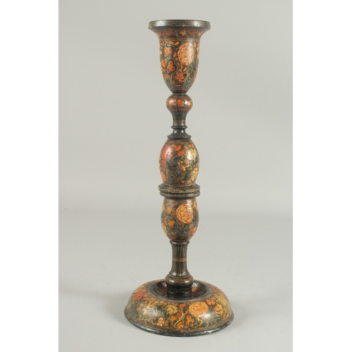 258 - A 19TH CENTURY INDIAN KASHMIRI LACQUERED PAPIER MACHE CANDLESTICK, 39.5cm high.