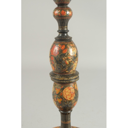 258 - A 19TH CENTURY INDIAN KASHMIRI LACQUERED PAPIER MACHE CANDLESTICK, 39.5cm high.