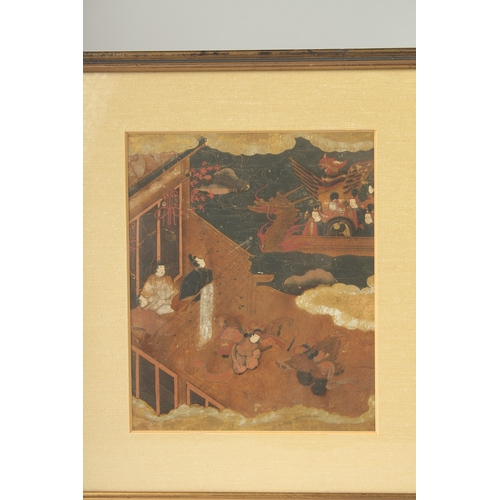 26 - A SET OF THREE FINE JAPANESE EDO PERIOD GOUACHE PAINTINGS, depicting scenes with various figures and... 