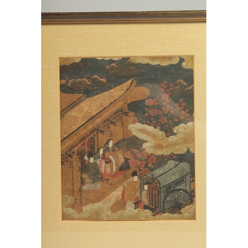 26 - A SET OF THREE FINE JAPANESE EDO PERIOD GOUACHE PAINTINGS, depicting scenes with various figures and... 