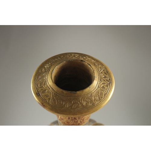 274 - A LARGE 19TH CENTURY PERSIAN QAJAR SILVER INLAID ENAMELLED BRASS CANDLESTICK, 39cm high.