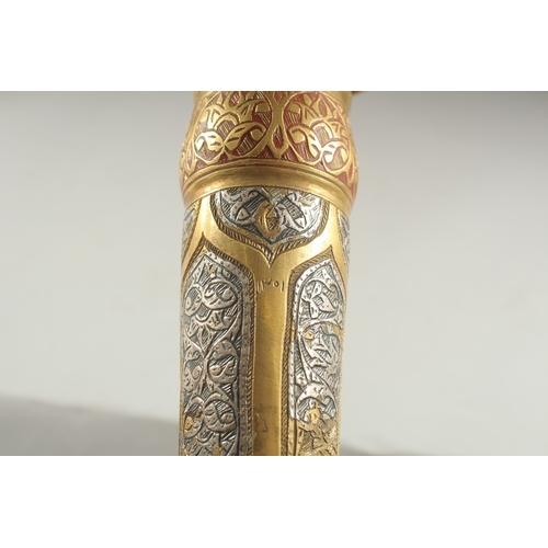 274 - A LARGE 19TH CENTURY PERSIAN QAJAR SILVER INLAID ENAMELLED BRASS CANDLESTICK, 39cm high.