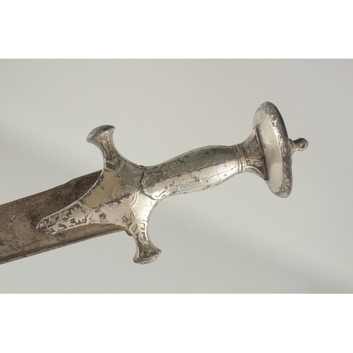 275 - AN 18TH CENTURY MUGHAL INDIAN TULWAR SWORD, with silver inlaid hilt, 80cm long.