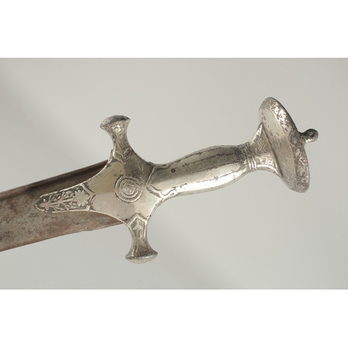 275 - AN 18TH CENTURY MUGHAL INDIAN TULWAR SWORD, with silver inlaid hilt, 80cm long.