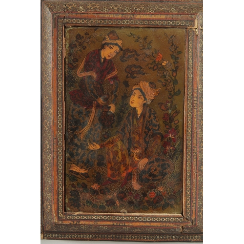 277 - A PERSIAN QAJAR OIL PAINTING IN A KHATAMKARI / MICRO MOSAIC FRAME, 41cm x 21.5cm overall.