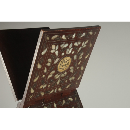 278 - A SYRIAN MOTHER OF PEARL INLAID FOLDING QURAN STAND, with bone and abalone calligraphic roundels, 56... 