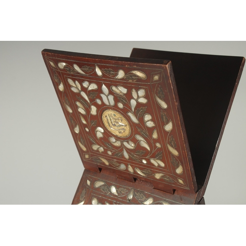 278 - A SYRIAN MOTHER OF PEARL INLAID FOLDING QURAN STAND, with bone and abalone calligraphic roundels, 56... 