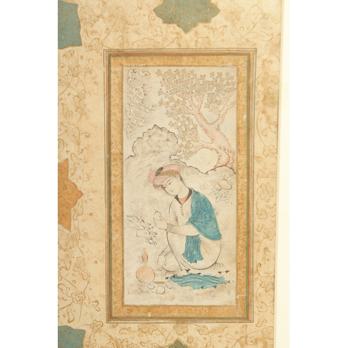 284 - AN 18TH CENTURY SAFAVID MINIATURE PAINTING, depicting a seated figure, with gold, red and green rule... 