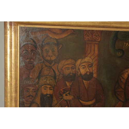 295 - A LARGE PERSIAN QAJAR OIL PAINTING ON CANVASS, depicting a Qajar ruler with various attendants and a... 