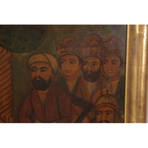 295 - A LARGE PERSIAN QAJAR OIL PAINTING ON CANVASS, depicting a Qajar ruler with various attendants and a... 