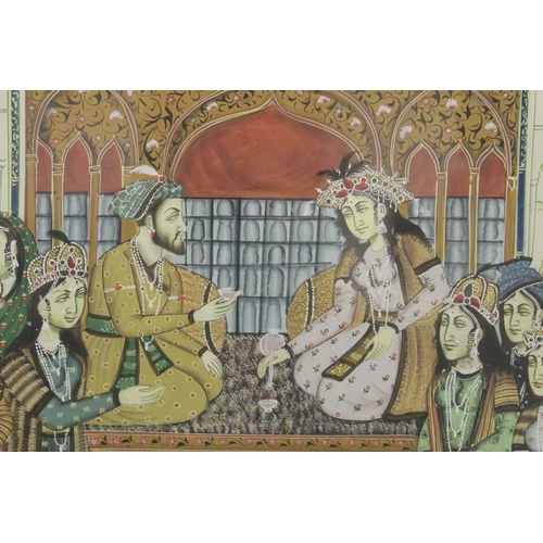 296 - A VERY LARGE FRAMED INDIAN PAINTING ON SILK, depicting an interior scene with seated dignitaries and... 