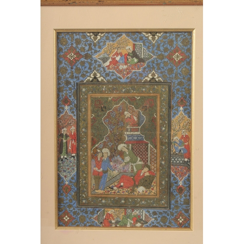 299 - A LARGE PERSIAN PAINTING, depicting figures in a courtyard with another figure looking down from a b... 