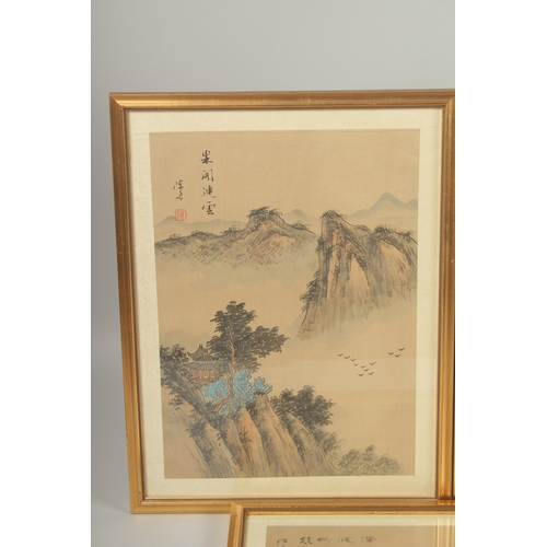 31 - A SET OF THREE CHINESE LANDSCAPE PAINTINGS ON SILK, each inscribed and with red seal, framed and gla... 