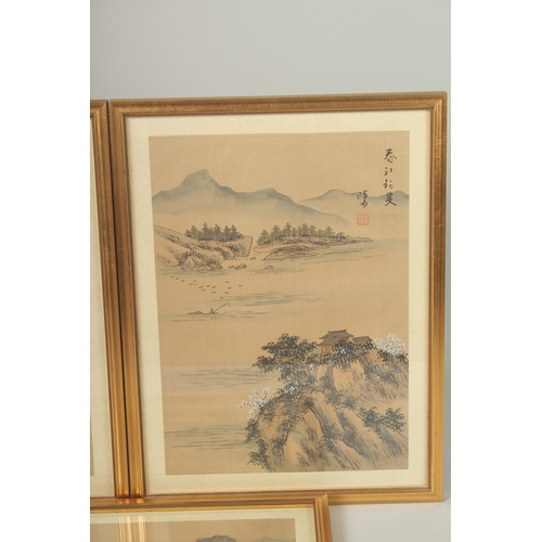 31 - A SET OF THREE CHINESE LANDSCAPE PAINTINGS ON SILK, each inscribed and with red seal, framed and gla... 