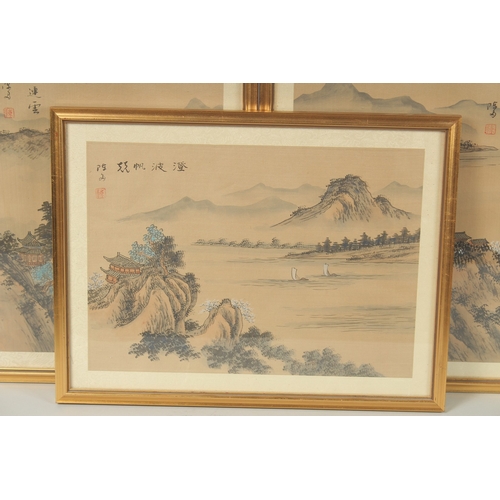 31 - A SET OF THREE CHINESE LANDSCAPE PAINTINGS ON SILK, each inscribed and with red seal, framed and gla... 